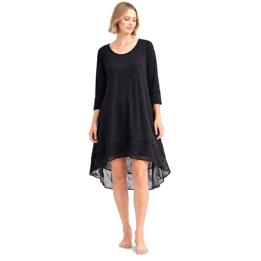 Comfy USA Black Lagenlook Dress Large Sheer Mesh High Low Hem NWT whimsygoth